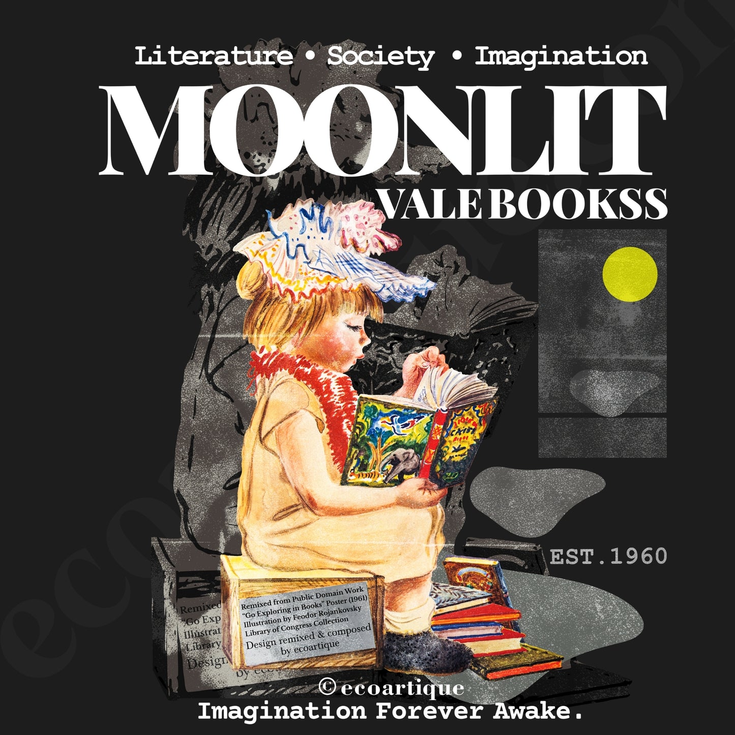 Tシャツ-DRY VINTAGE:Retro Souvenir | スタンダードミドルウェイトTシャツ | 男女兼用 | ユニセックス | Moonlit Vale Bookss-Black